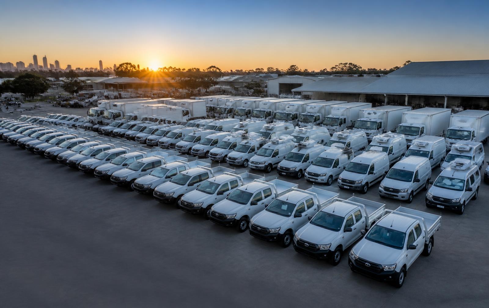 Fleet of white commercial vehicles at an Australian depot