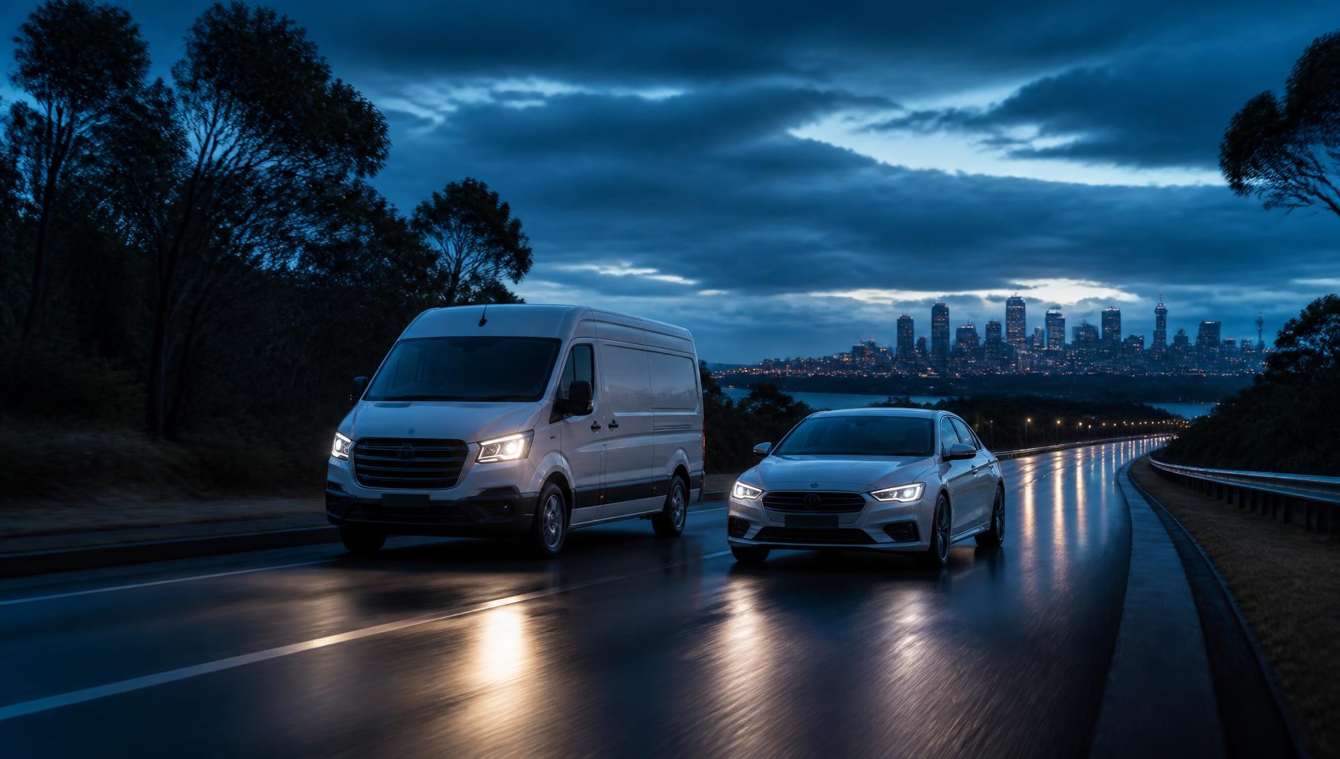 Commercial van and sedan on an Australian highway at dusk